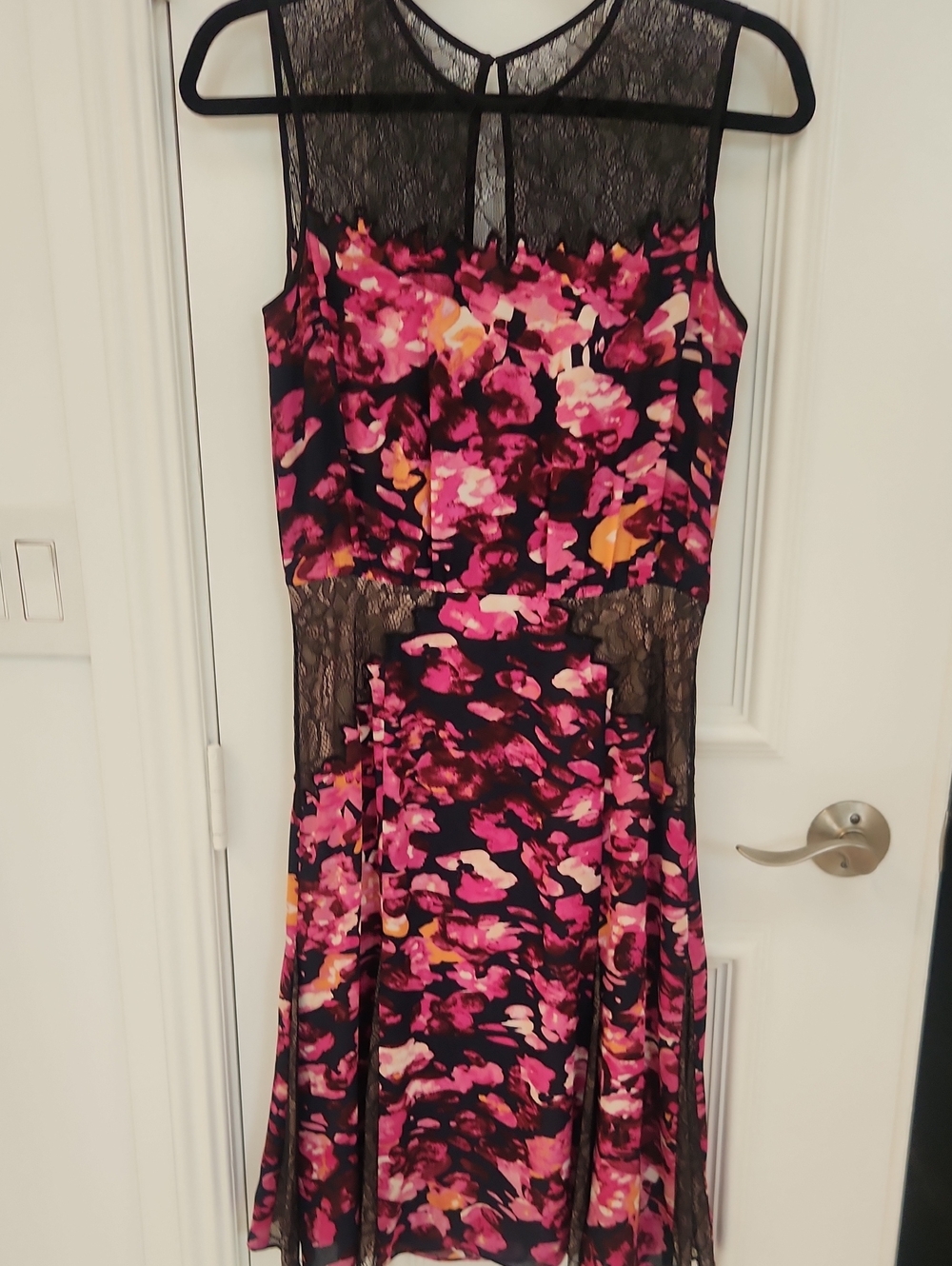 BCBGMaxAzria Pink and Black Floral Lace Midi Dress